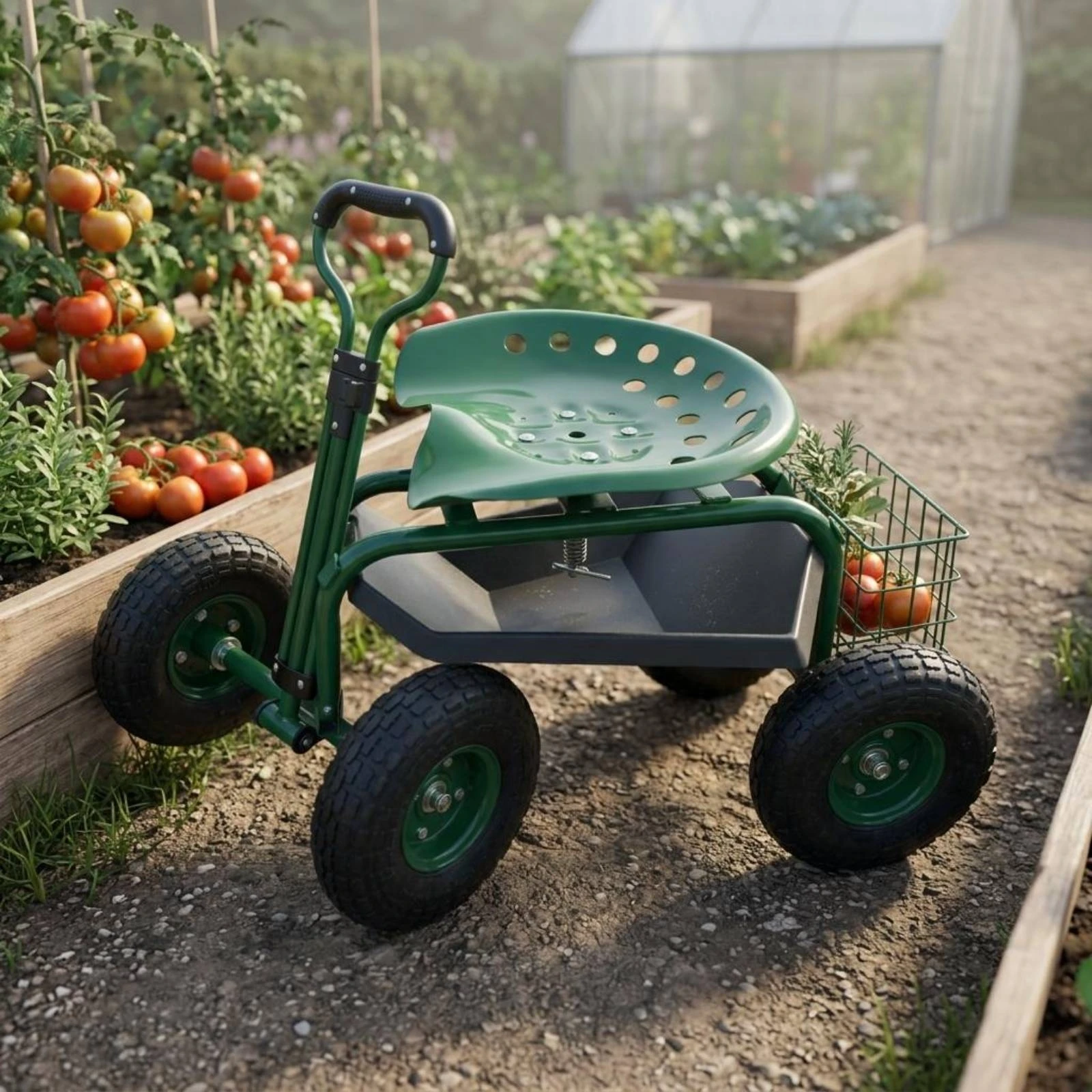Garden Cart with Wheels Perforated Seat Rolling Picking Cart Wheeled Garden Stool for Outdoor Harvesting