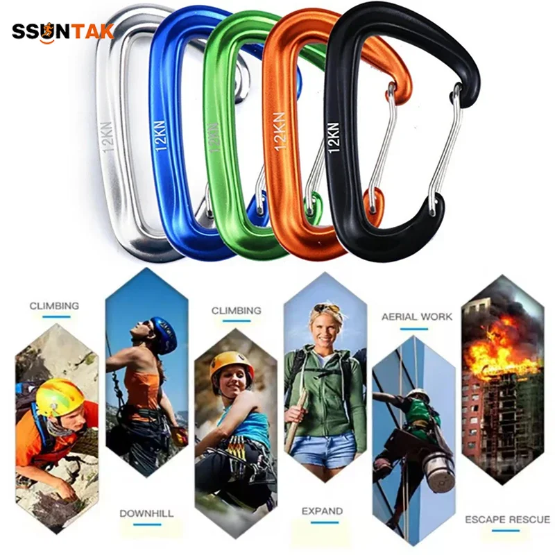 

SSUNTAK 12KN D-Shape Aluminum Alloy Carabiner Clip Heavy Duty Lightweight Locking Lock for Rock Climb Camp Backpack Outdoor Gear