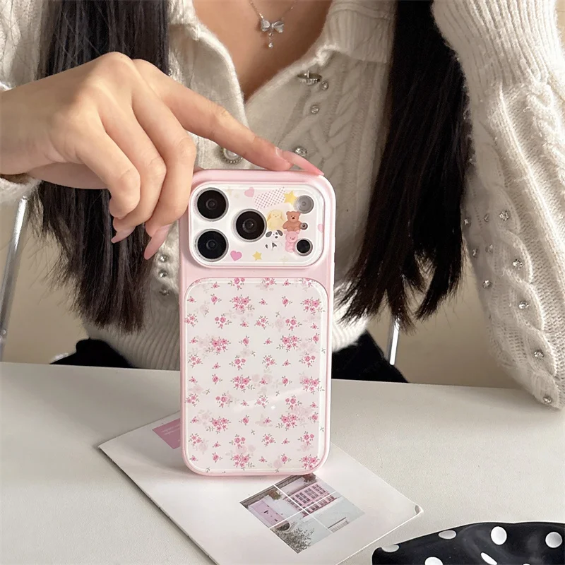 

Cute Pink Floral Flip Mirror Phone Case For iPhone 17 16 15 14 Pro Max Kawaii Bear Cartoon Shockproof Protective Cover