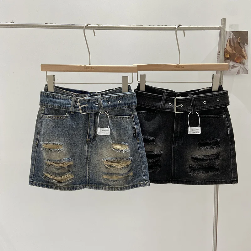 

Denim Skirt Womens 2024 Summer Korean Fashion Holes Anti-Exposure All-Match Hip-Wrapped Shorts Skirt Streetwear