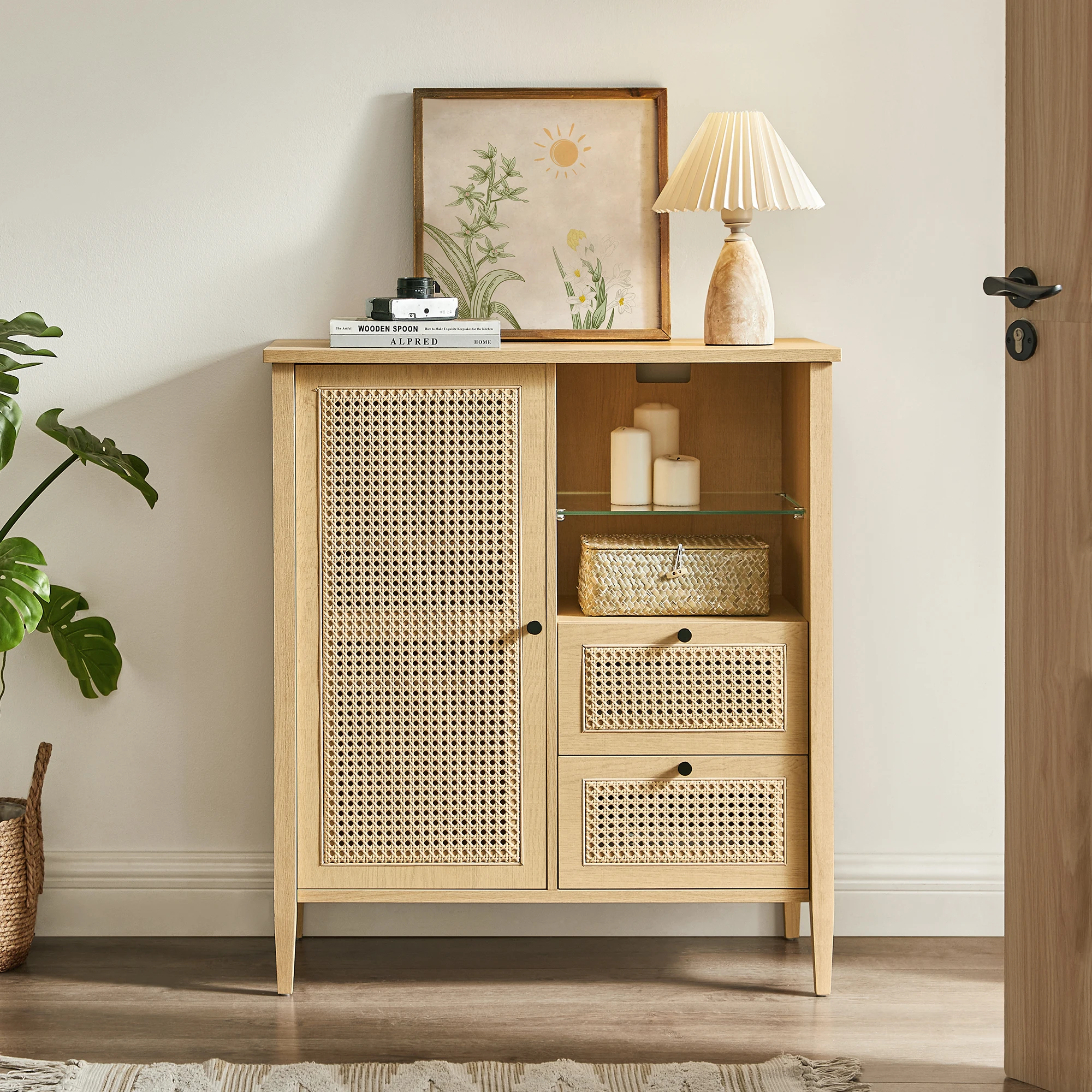 2 Drawers Sideboard Buffet Cabine Mid Century Freestanding Bathroom Cabinet Modern Boho Storage Cabinet
