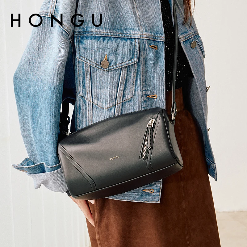 

HONGU Black Dumpling Bag High Quality Synthetic Leather Durable Zipper Accessories Women's Classic Messenger Bag H51356036