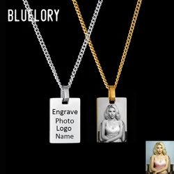 Bluelory Personalized Engrave Your Photo Logo Name Square Tag Necklaces For Women Men Stainless Steel Custom Necklaces