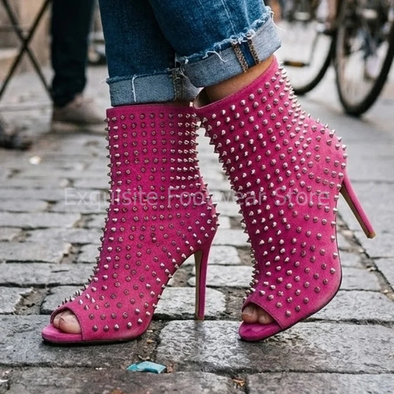 Chic Ladies Studded Open Toe Ankle Boots Full Spikes Rivets Thin High Heels Party Clubwear Runway Velvet Boots Women Shoes