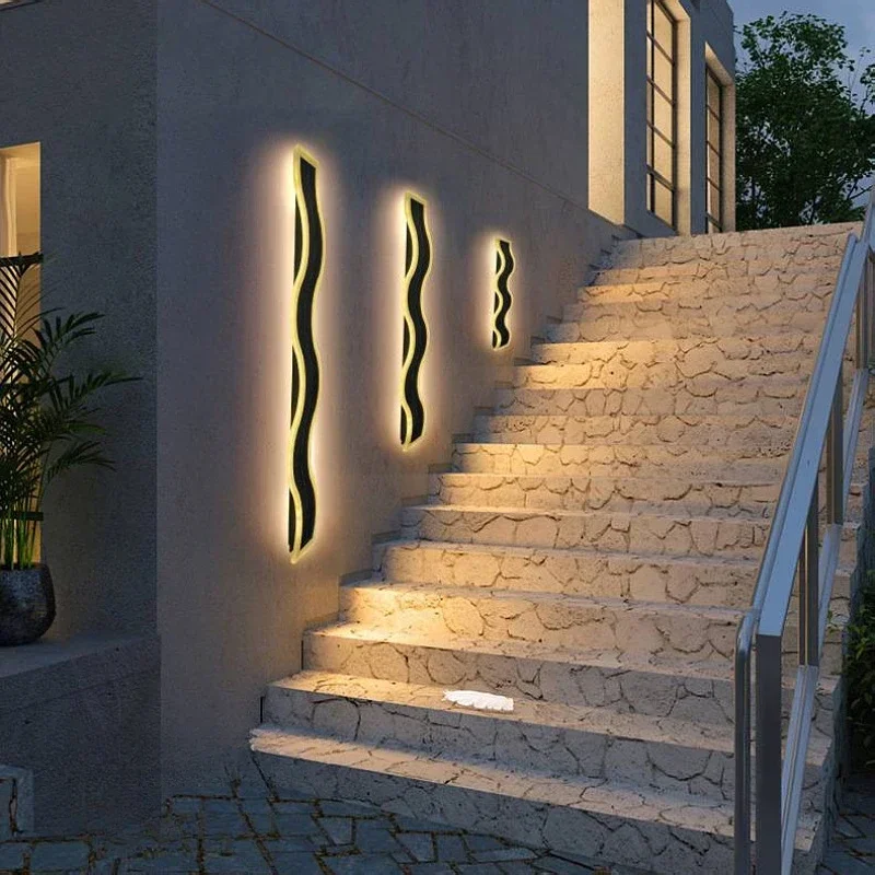 Outdoor Solar Lamp Long Wave Wall Light LED Lights Wavy Minimalist Waterproof Courtyard Villa Garden Decoration RGB Sconce