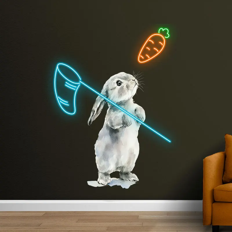 Toysign Playful Bunny Neon Wall Art – Adorable Rabbit with Carrot LED Sign, Fun Decor for Kids Room, Nursery & Kids Birthday