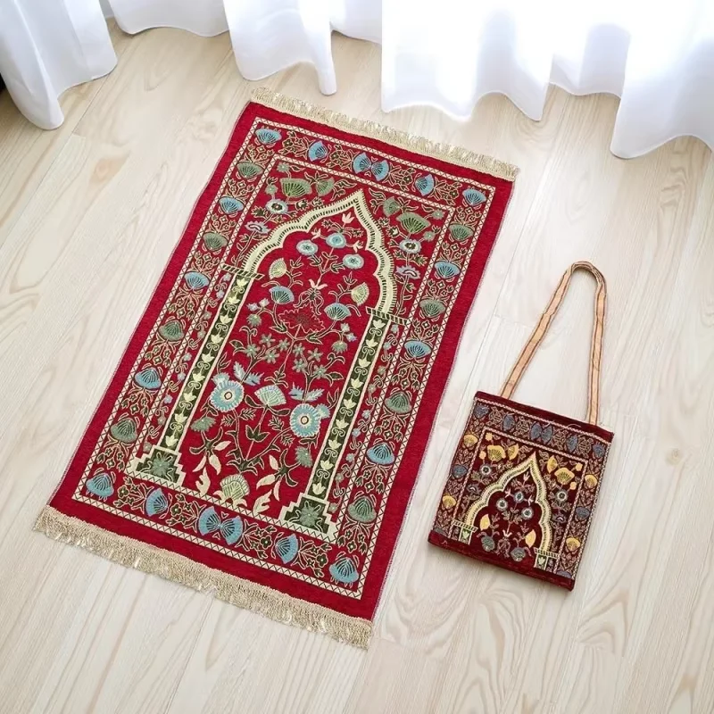 Muslim Worship Sajadah 2Pcs Set Portable Prayer Mat With Tassels Storage Bag Islamic Travel Rug Blanket For Outdoor Home Use