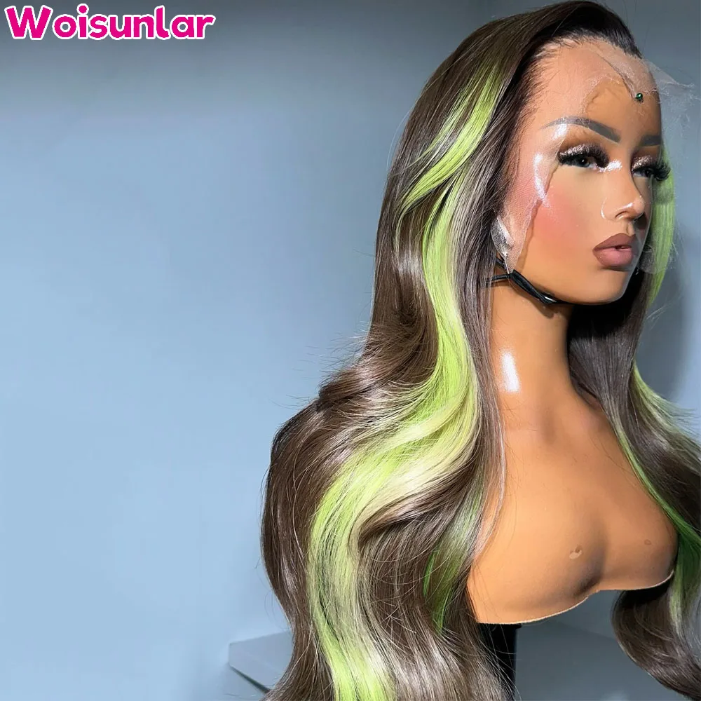 Peruca brasileira de onda corporal para mulheres, fechamento de renda transparente, cabelo humano, marrom e verde, 13x4 frente de renda, 4x4