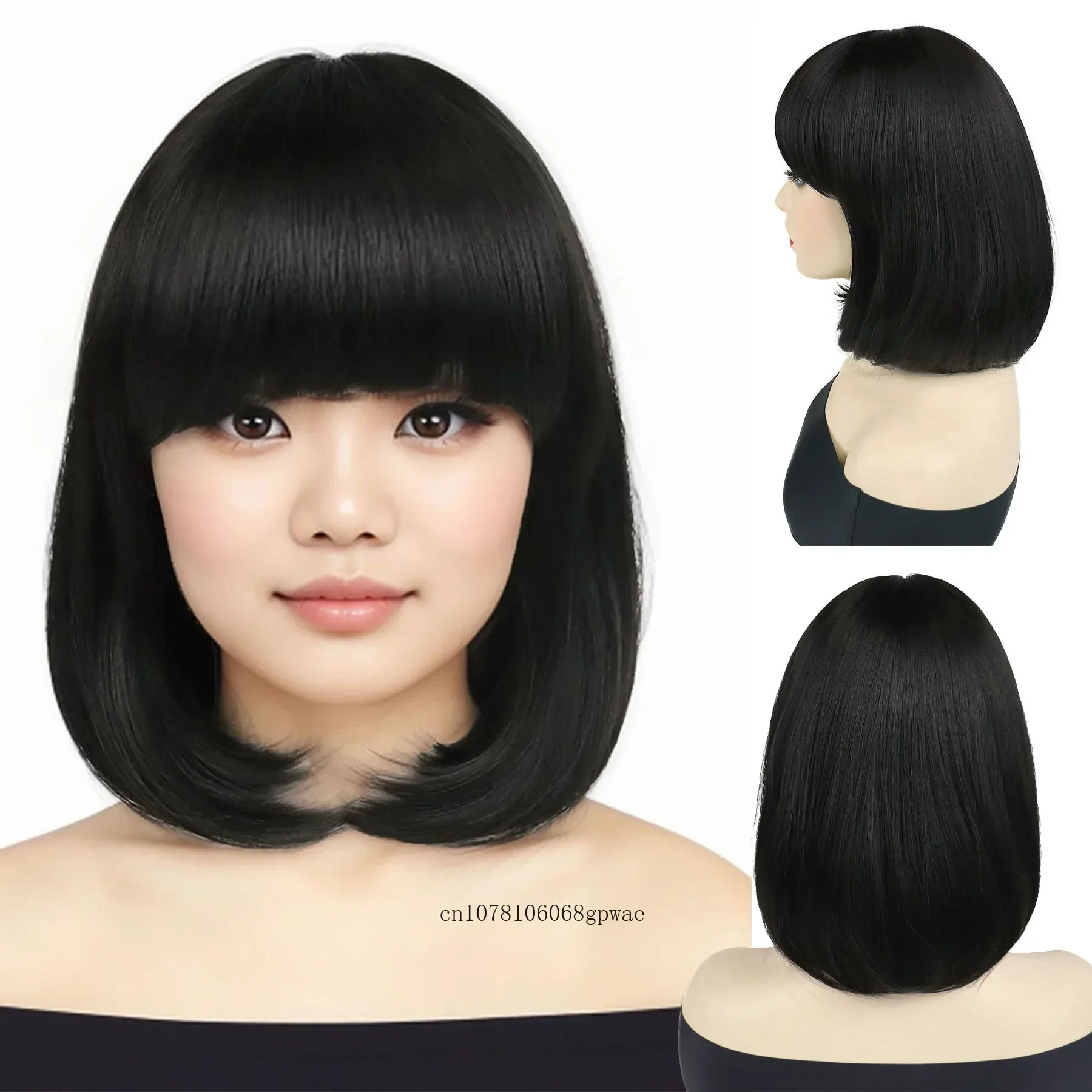 Synthetic Black Bob Wig with Bangs Short Straight Wigs for Women Natural Looking Daily Casual Party Mommy Wig Heat Resistant