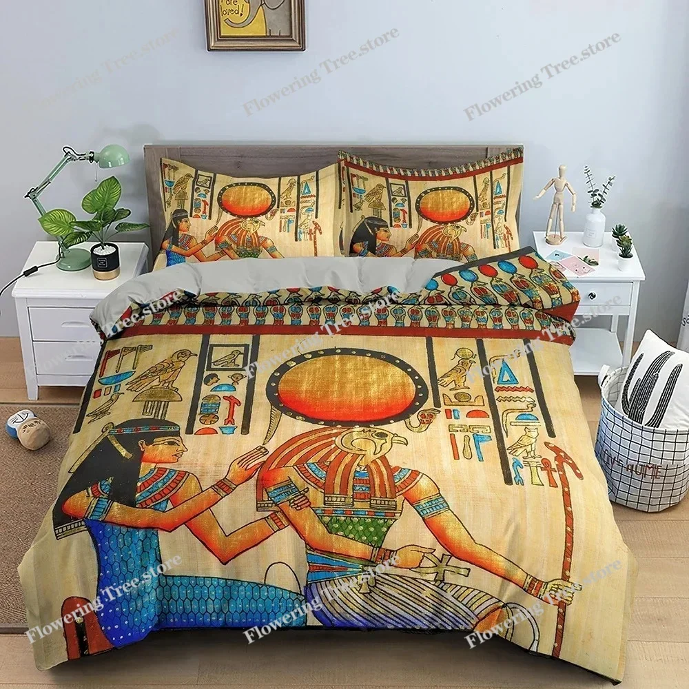 Egyptian Print Duvet Cover Set,3D Ancient Egypt Tribe Decor Comforter Cover Set for Adult Women King Size Polyester Bedding Set
