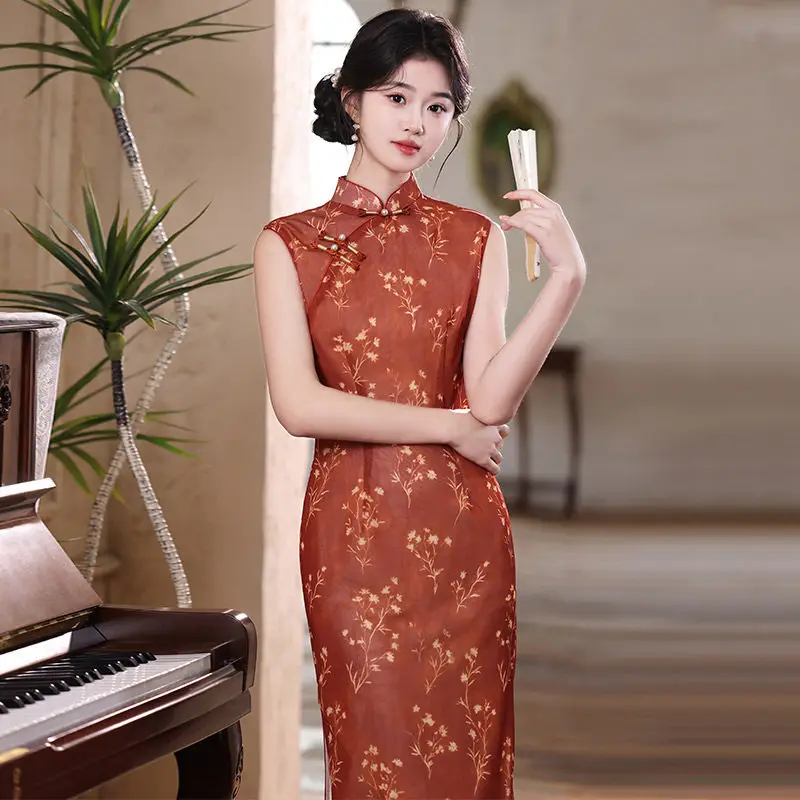 

Оранжевое летнее ципао без рукавов в китайском стиле, новое, улучшенное, молодежное, 2026 года, для девочек, класса люкс