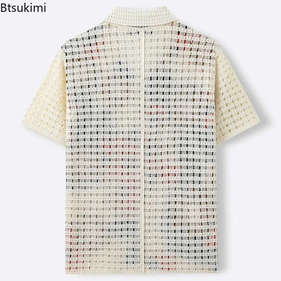 Men's Retro Floral Crochet Knit Polo Shirt Short Sleeve Hollow Out Camp Collar Button Down Casual Summer Cardigan Beach Vacation