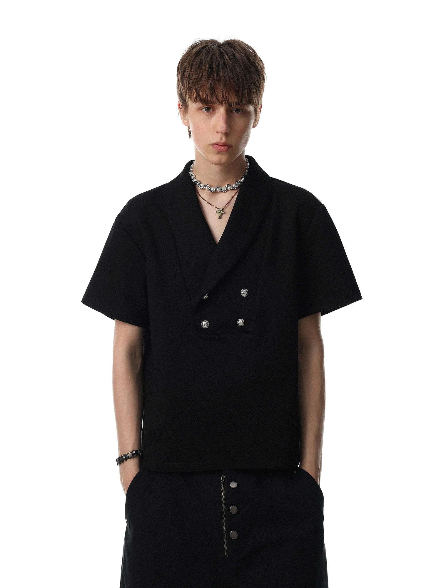 American Style V-Neck Double Button Short Sleeve T-Shirt Men's Loose Design Trendy Top MRNEARLY Brand Casual Wear