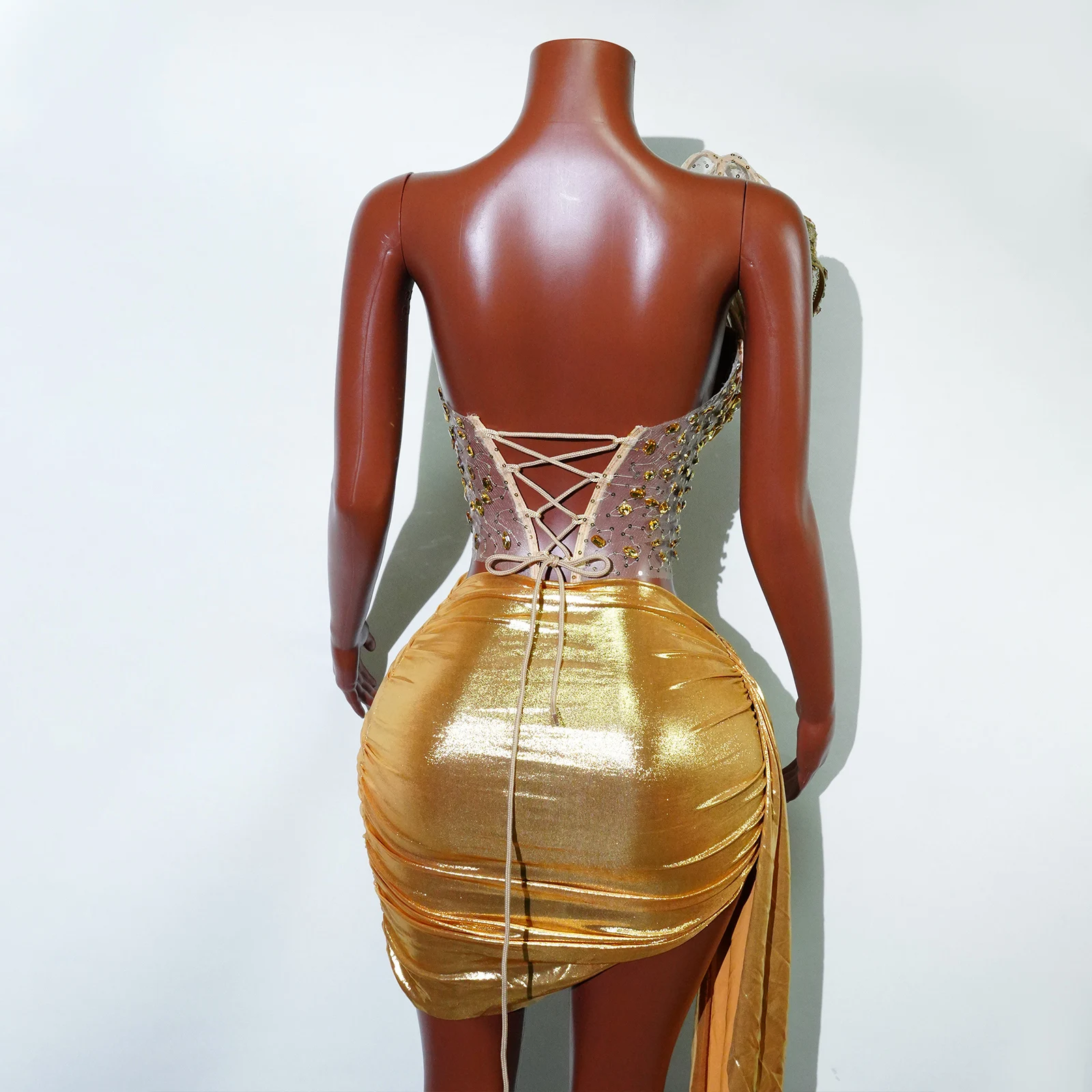 Sexy Strapless Rhinestone Gold Two Piece Set Design Skirt Stage Nightclub Party Celebrate Birthday Prom Show Outfit Wholesale