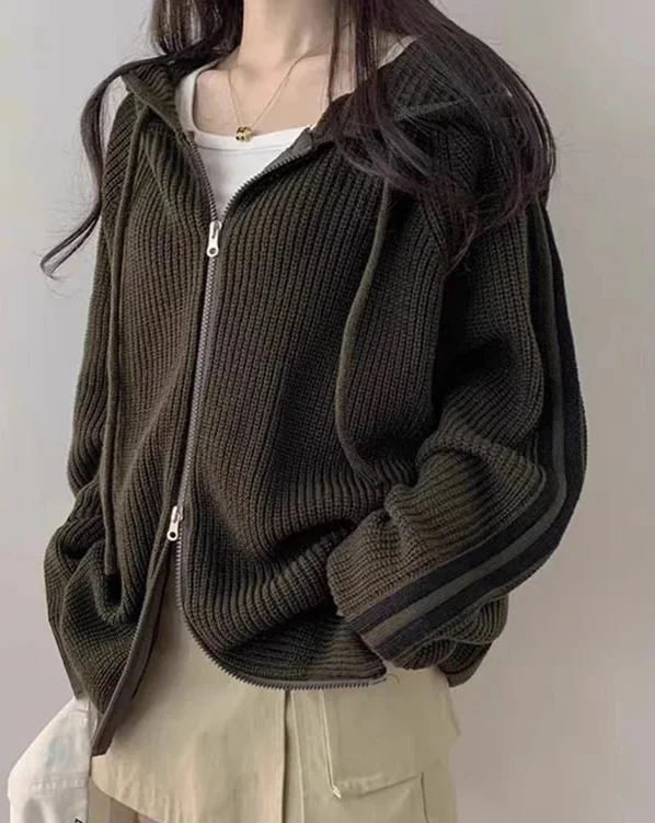 

Chic Loose Women's Sweater Long Hoodie Coat Simple Elegance Casual Knitted Thiened Autumn Winter Top
