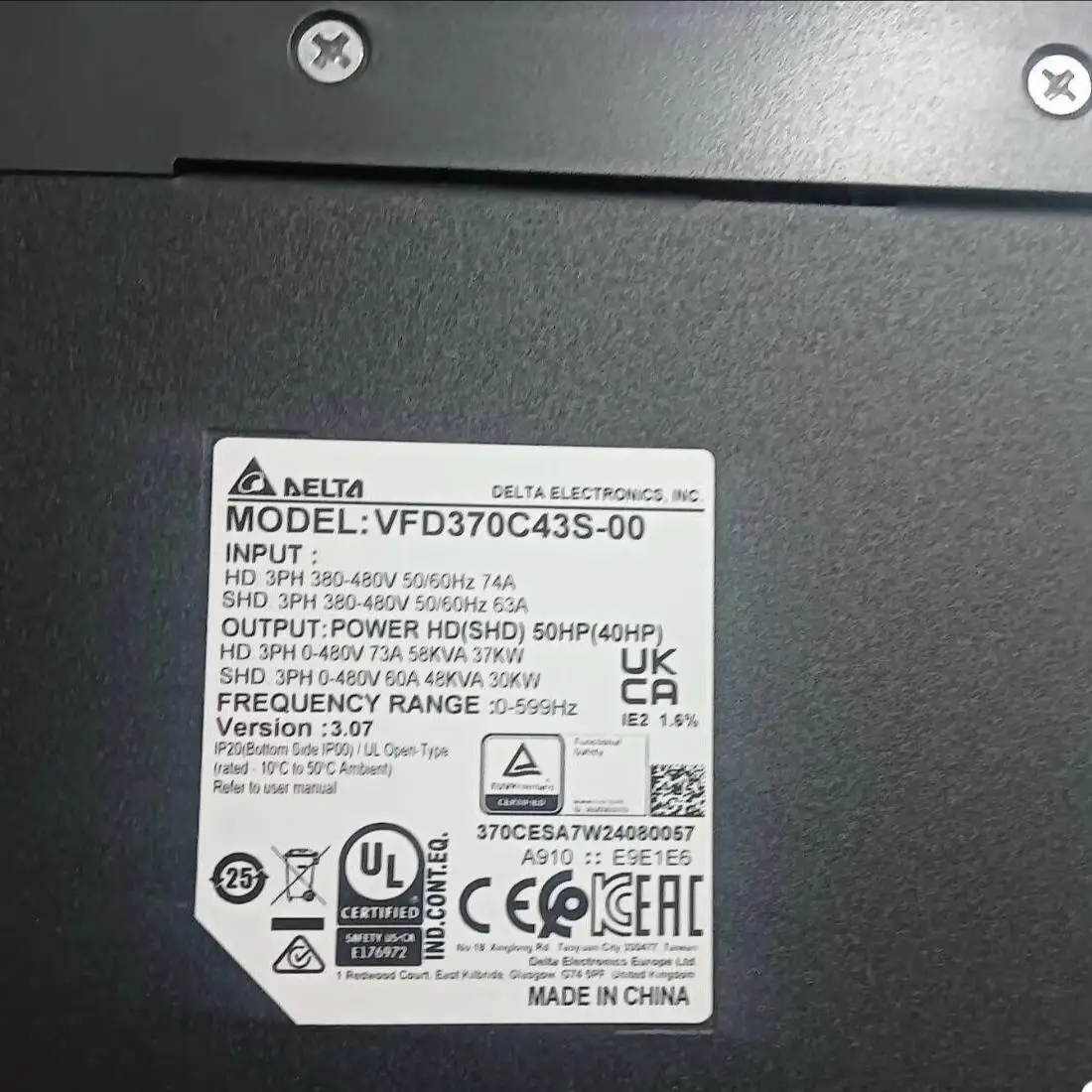 VFD370C43S-21 380V~480V Three-Phase Vector Control AC Drive 37KW 50HP for Compressor and Motor Application