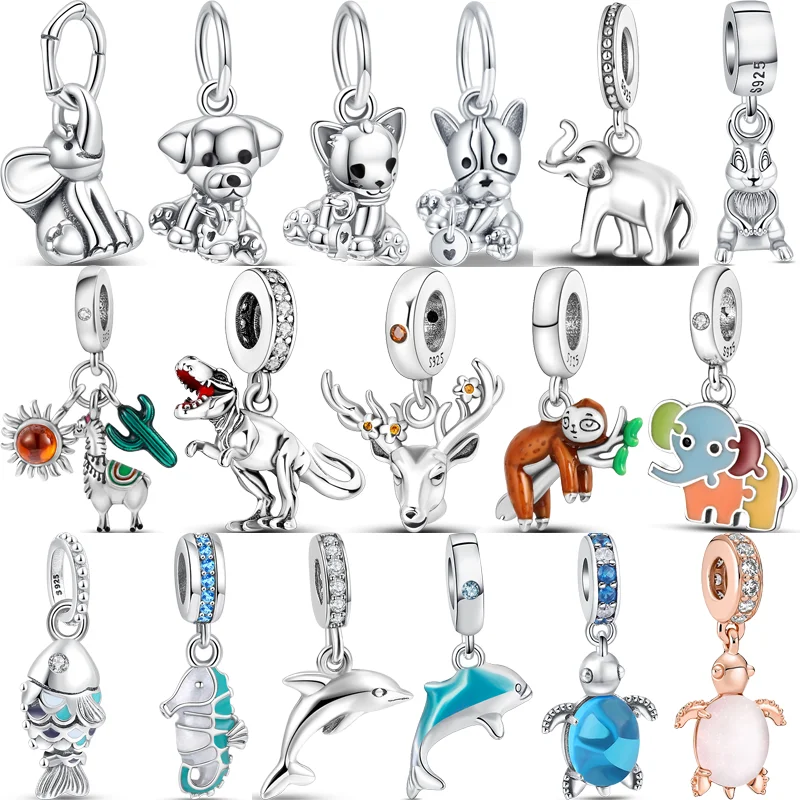 

925 Silver Dinosaur Reindeer Elephant Dolphin Turtle Rabbit Cat Dog Animal Pendant Fit Original Pandora Charms Bracelet Jewelry