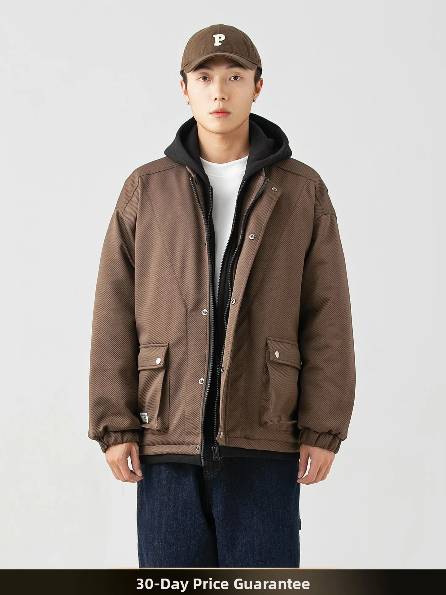 

Nted Retro Color Blo Hooded Cotton Jaet Men's Winter Loose Thi Warm Workwear Cotton Coat Youth Casual Polyester Fill