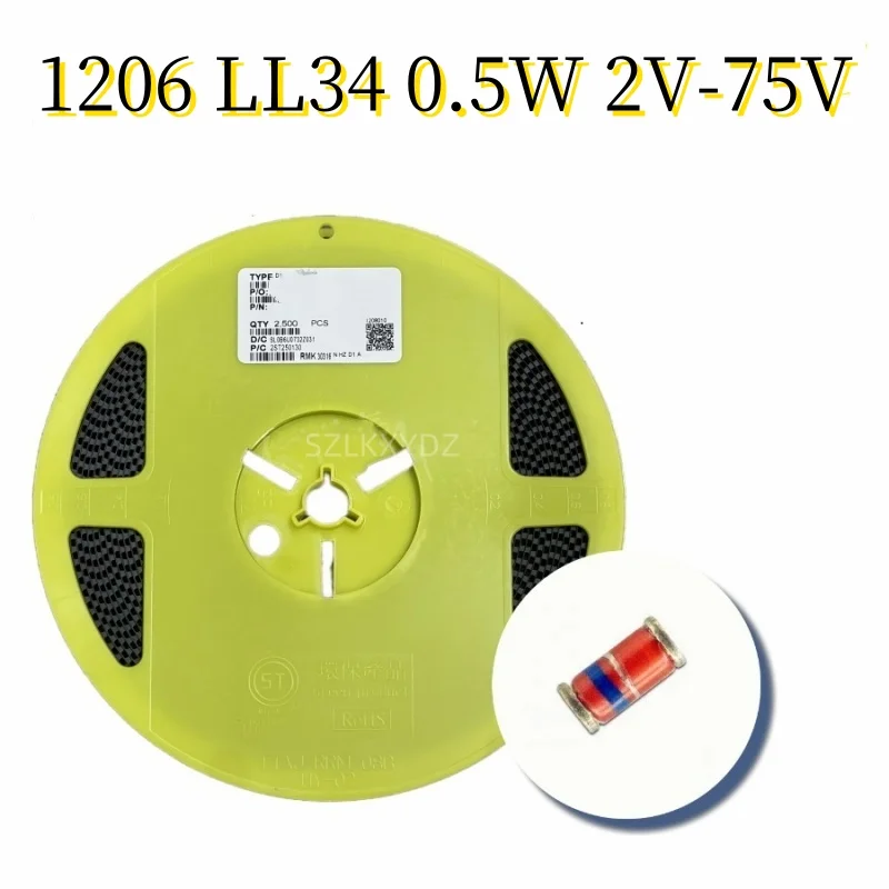 100PCS/LOT 1206 0.5W LL34  2V--75V ZMM5V6 ZMM18V 2V/2.2V/2.4V/2.7V/3V/3.3V/3.6V/3.9V/4.3V/4.7V/5.1V/5.6V/6.2V/6.8V/7.5V/8.2V