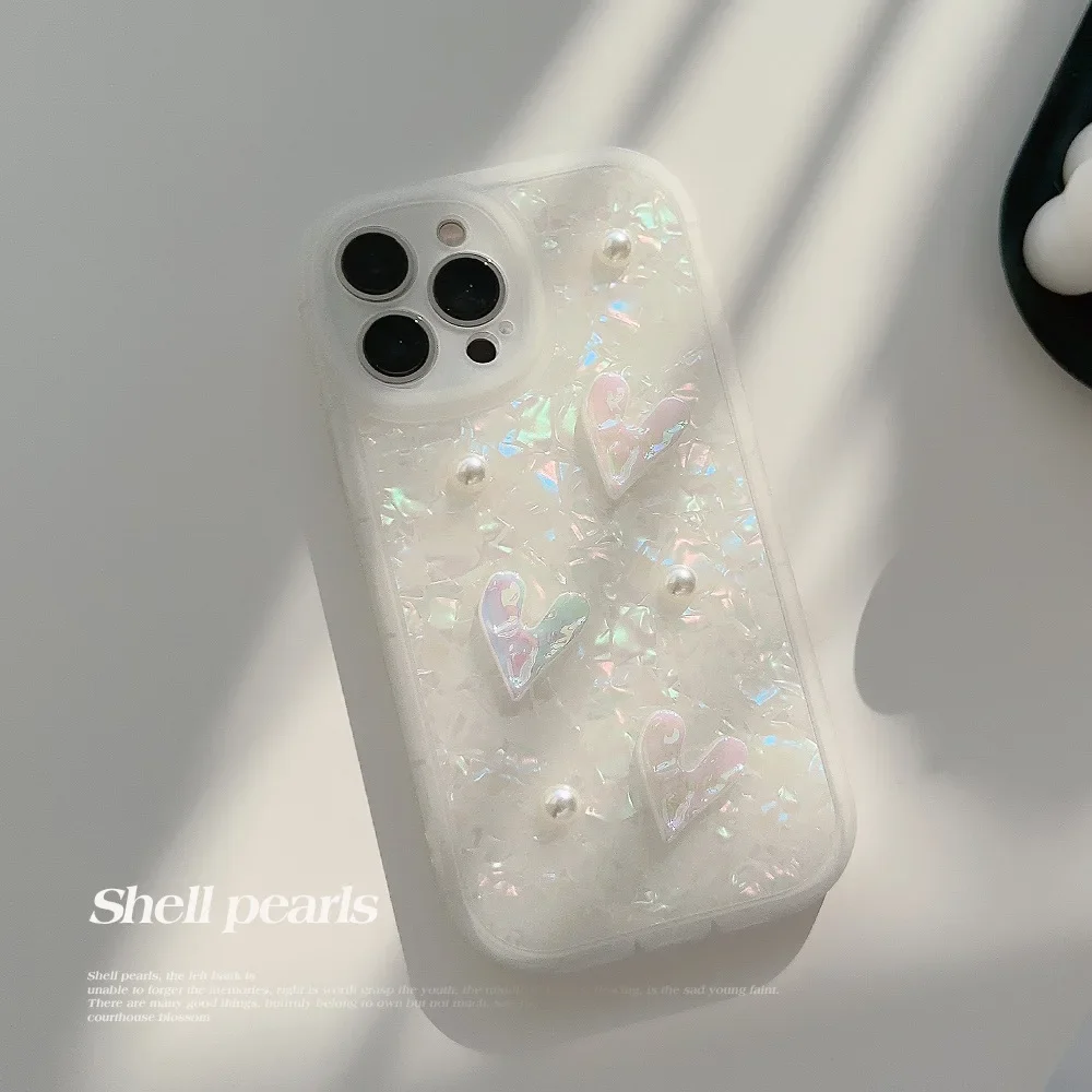Luxus 3D Perle Liebe Herz Shell Muster Telefon Fall Für iPhone 16 15 14 13 12 mini 11 Pro Max XS XR X 7 8 Plus Stoßfest Abdeckung