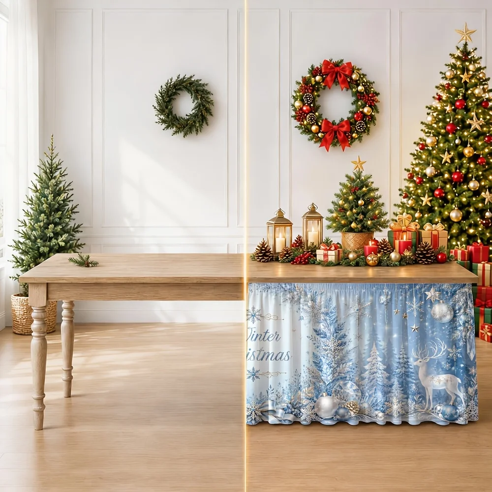 One tablecloth - Winter Christmas - Blue snowflakes - Deer - Pine tree - Holiday party - Banquet - Wedding decoration