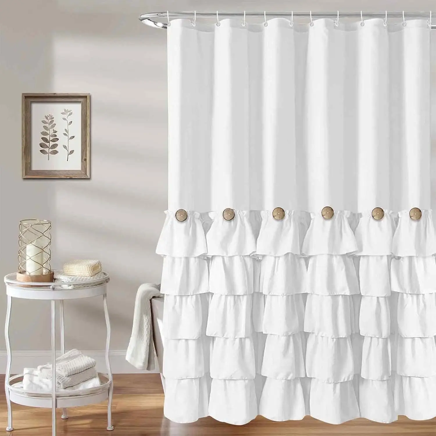 

White Ruffle Shower Curtain Farmhouse Shower Curtain with Buttons & White Ruffles for Bathroom Bathtubs Decor Accessory