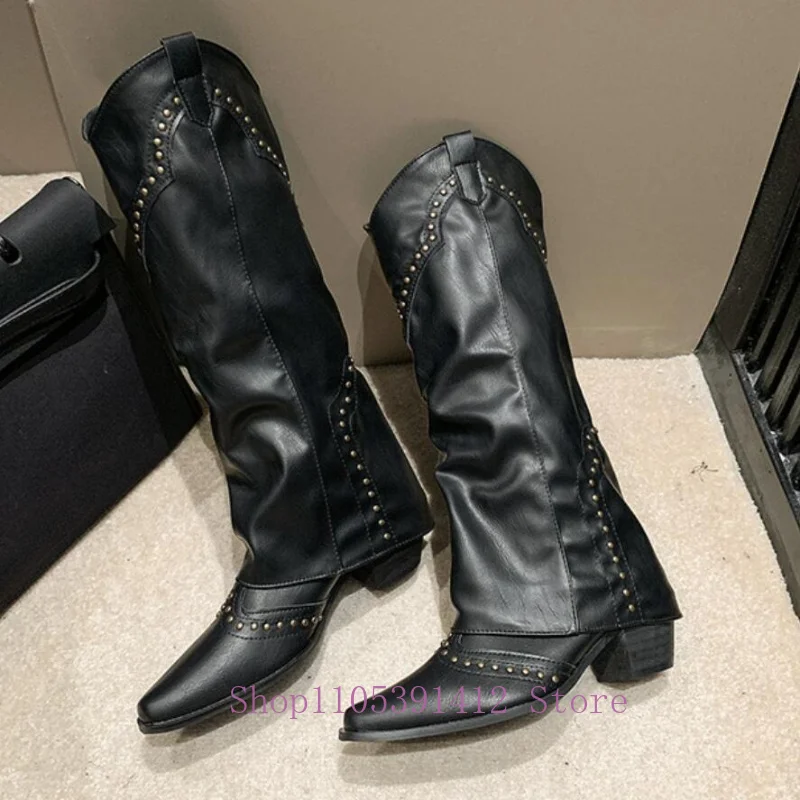 French-style Women Retro Riding Boots Cowgirl Long Boots Slip on Square Heel Elegant Antumn Winter Shoes Fashion Rivet Footwear