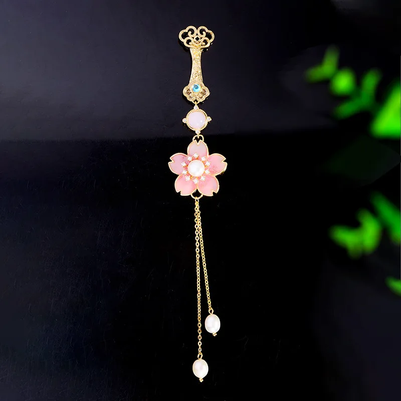 Chinese Style Lucky Ruyi Peach Blossom Brooch Freshwater Pearl Zircon Tassel Lapel Pin Cheongsam Dress Accessory Gift For Women