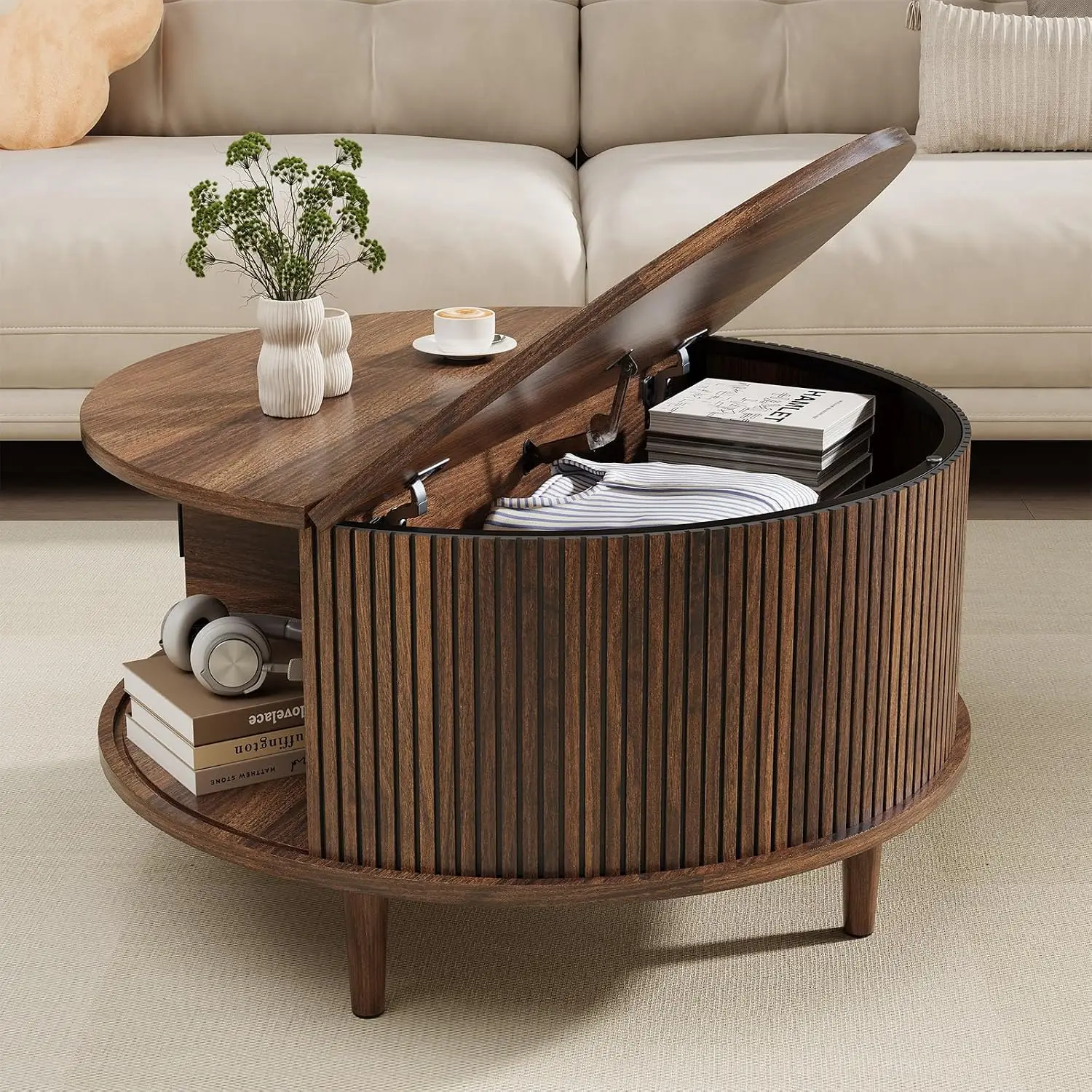 Round Coffee Table with Storage, Mid Century Modern Coffee Table, Fluted Dining Table with Sliding Door, Circle,Customized