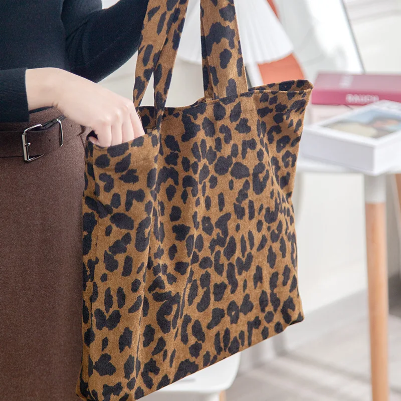 Classic Leopard Printing Top-handle Bag Women Corduroy Shopping Bag Large Capacity Book Tote Bag Female Casual Shoulder Bag