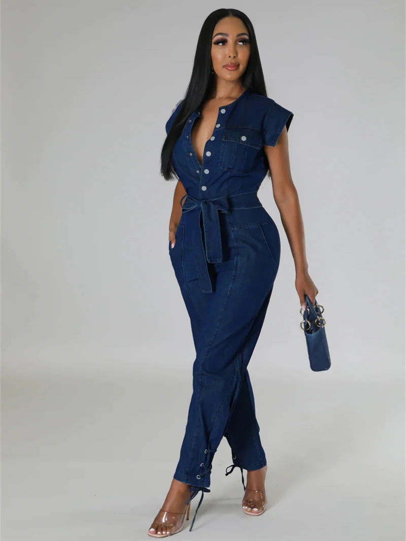 

Fashion Denim Jumpsuits Women Summer Clothing Sleeveless Button Up With Sashes Jean Rompers Playsuits One Piece Overalls Outfits