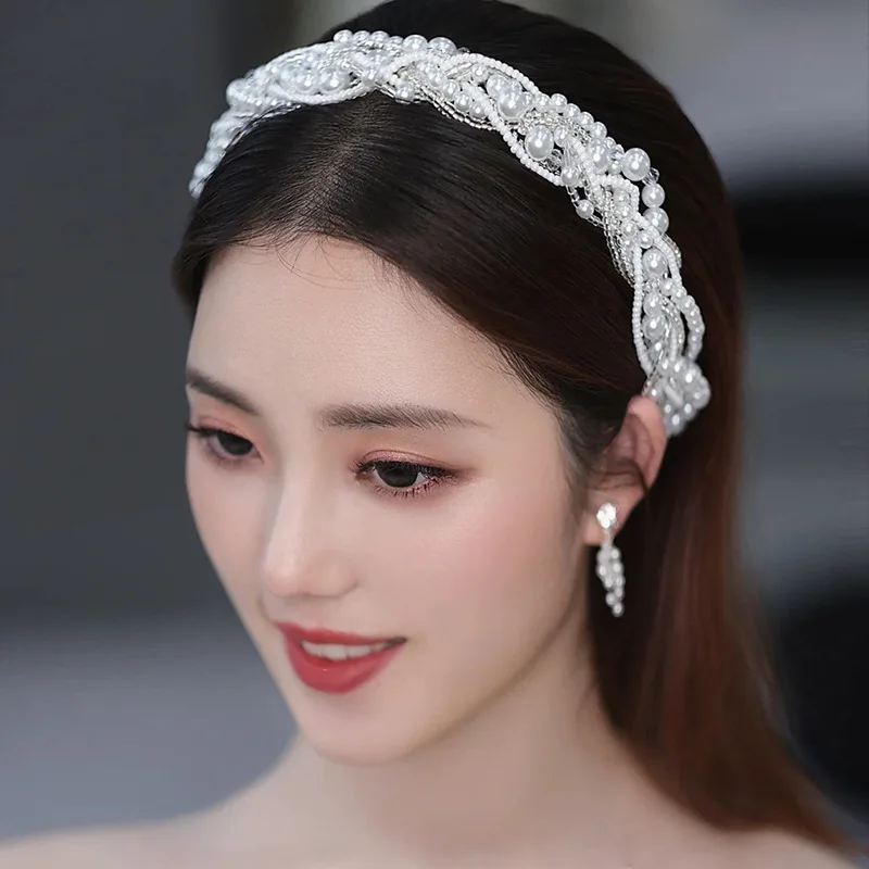 GETNOIVAS Bride Wedding Hairband Silver Color Pearl Headband Handmade Rope Headdress Simple Fairy Headpeice Hair Accessories SL