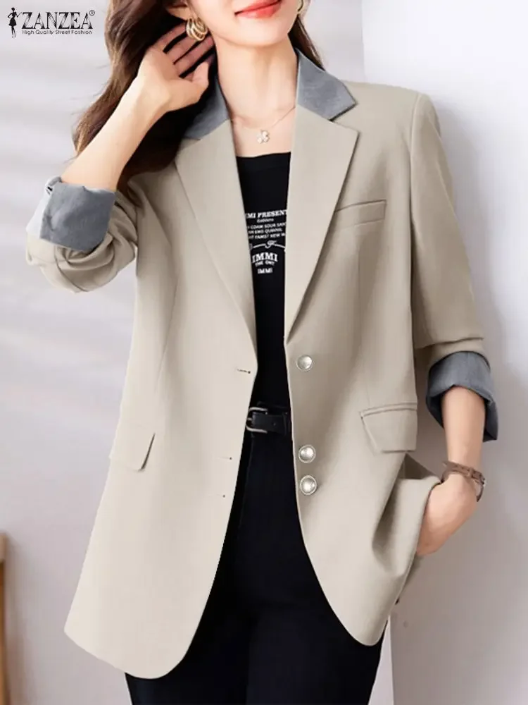 Mulheres elegantes blazer jaquetas zanzea 2025 outono retalhos blazer outwear elegante casual lapela pescoço manga longa casacos de trabalho de escritório