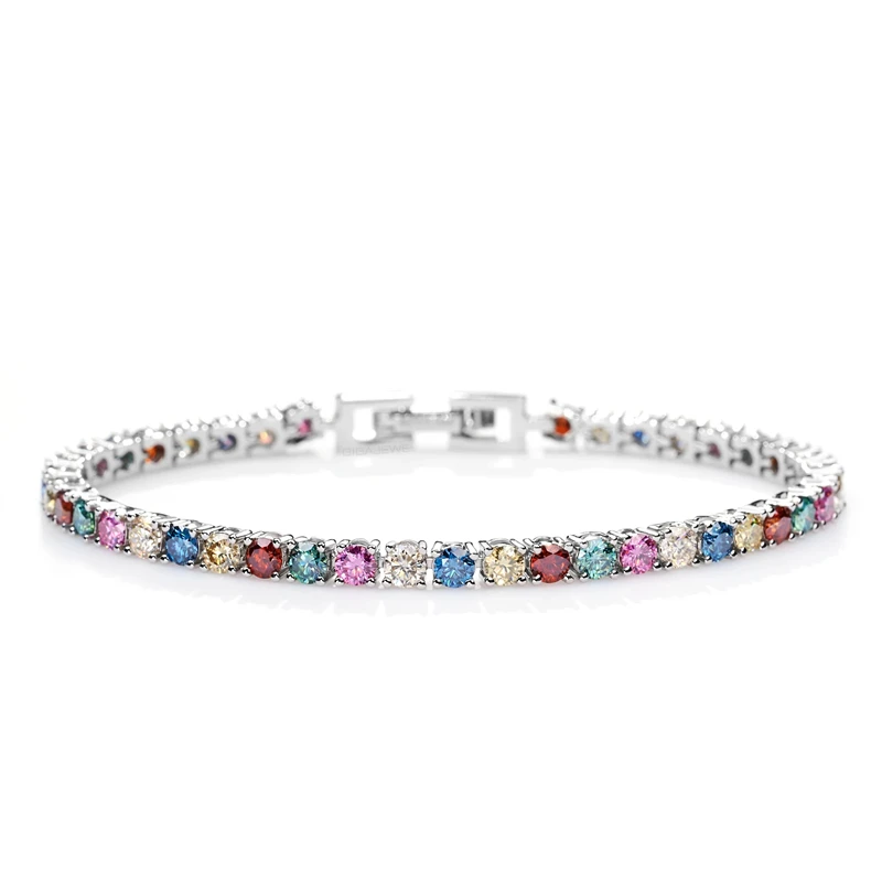 GIGAJEWE 3mm rainbow Color Round Cut White Gold Plated 925 Silver Moissanite Tennis Bracelet