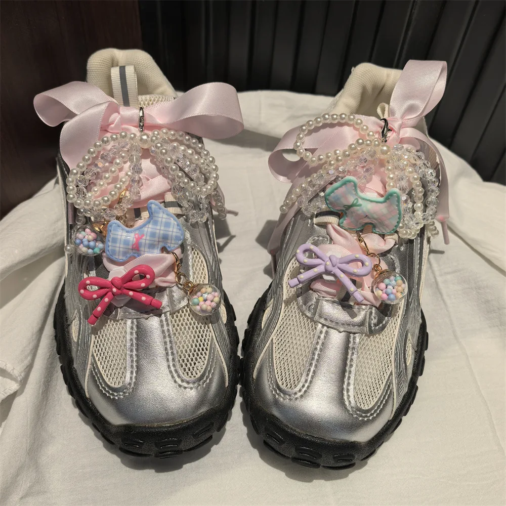 

New Cartoon Dog Shoe Decorations Charm Crystal Pearl Bow Dopamine Colorful Bow Shoe Laces Charms for Sneakers Shoes Accessories