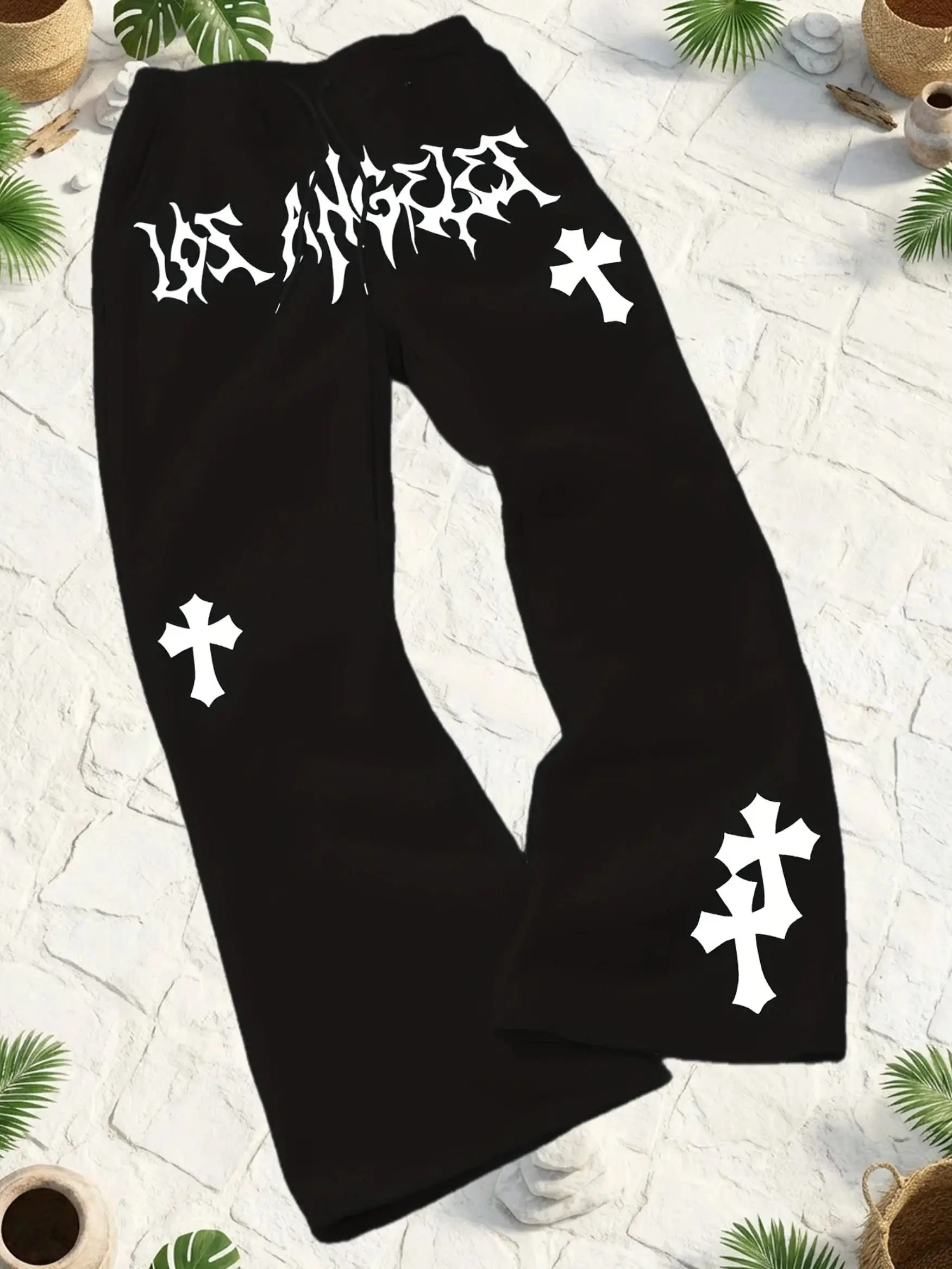 2026 New Los Angeles Gothic Cross Sweatpants Men's Black Oversized Wide Leg Trousers Quick Dry Y2K Streetwear Joggers Kids