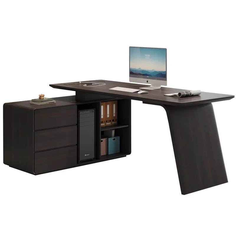 Italian Minimalist Desk Retro Style Walnut Solid Wood With Chest, Computer Desk, Desk And Chair Combination