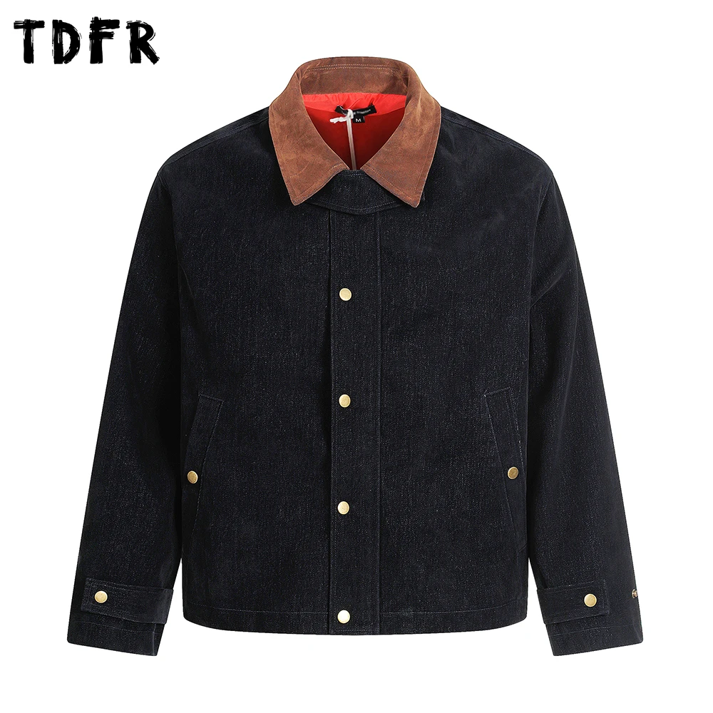 

Spliced Cargo Denim Jacket Mens Retro Casual Autumn Lapel Single Breasted Long Sleeve Jeans Jacket Man Outerwear