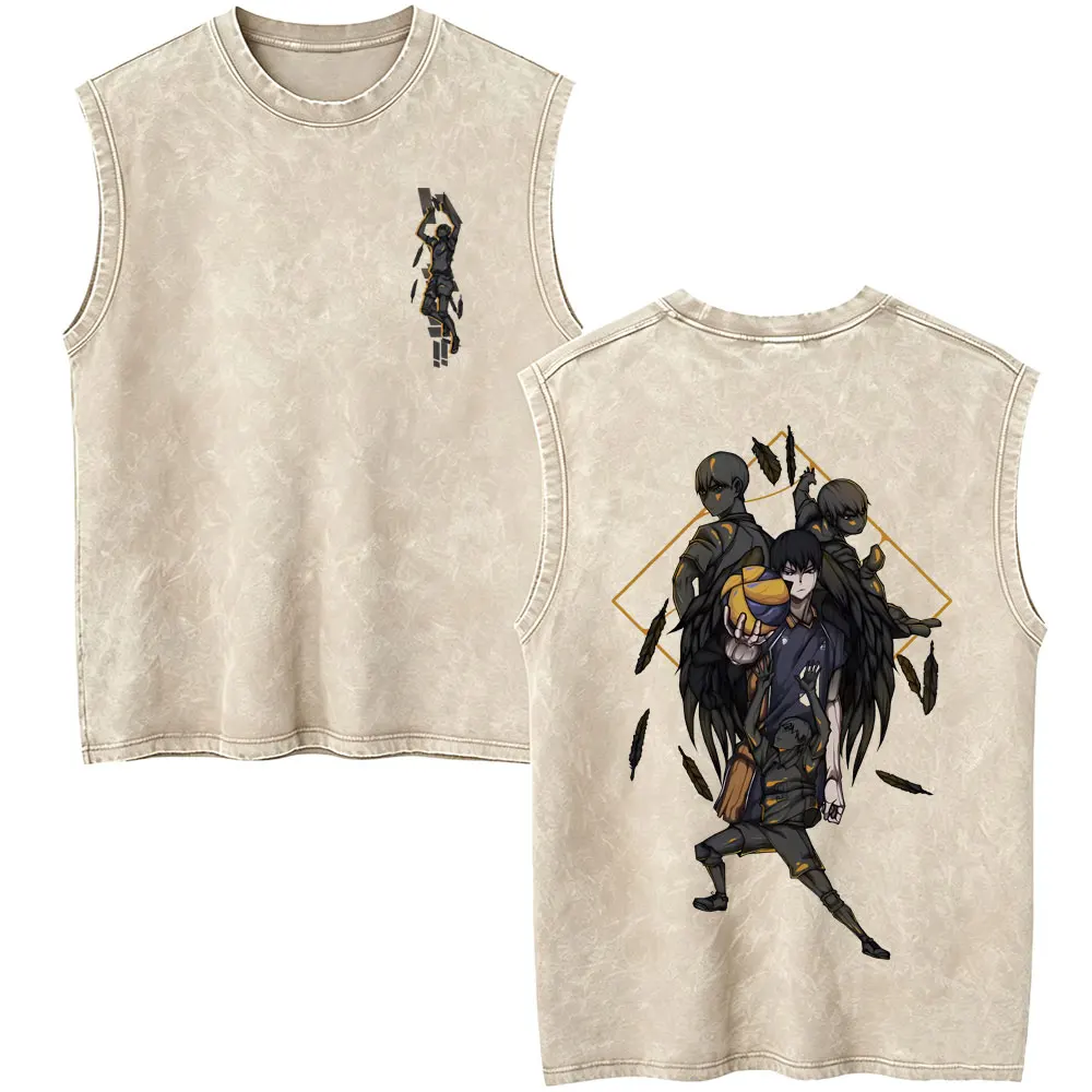 Anime Haikyuu Tobio Kageyama Vintage Washed Tank Tops Men Women Cartoon Manga T Shirt Male Summer Cotton Sleeveless Vest T-shirt