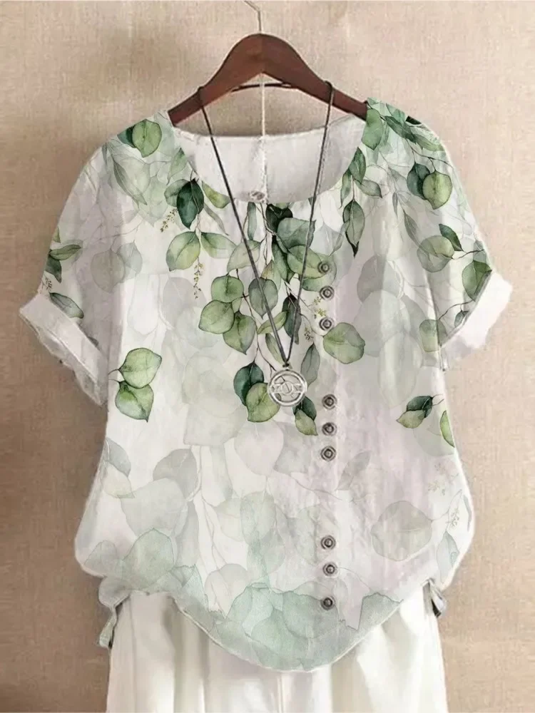 

Summer O-Neck Short Sleeve Floral Print Loose Women's Blouse Retro Top Fashion Women Buttons Korean Style Casual Shirts