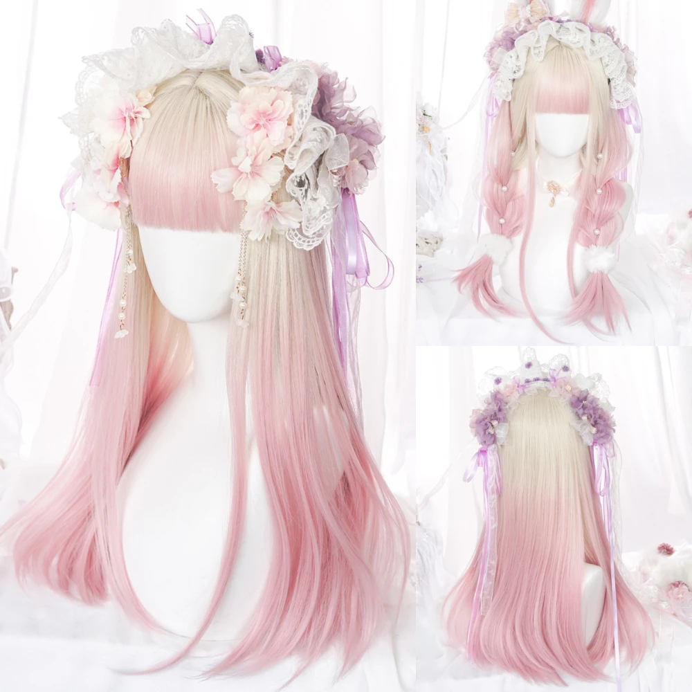 

Women's Long Straight Synthetic Pink Blue Lolita Cosplay Wig For Party With Bangs Anime Wigs Heat Resistant Fiber