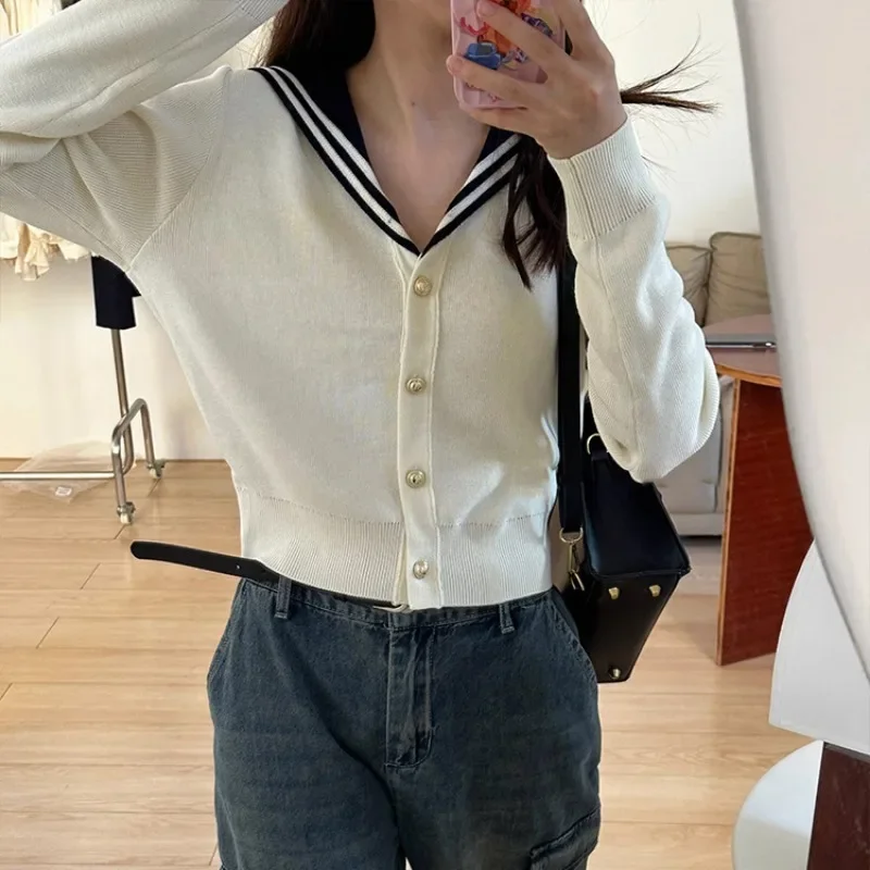 Vintage Sailor Collar Women Cardigan Basic Sweater Korean Style Spring Knitwear White Jumper Japanese Aesthetic F134