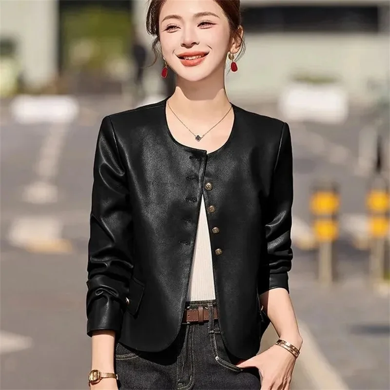 Chaqueta de cuero para mujer, abrigo corto de cuero informal con cuello redondo, moda Retro, primavera y otoño, 2026