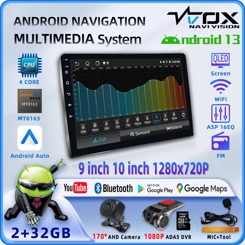 VVOX MT8163 4-Core QLED Universal Android Auto GPS Navigation with FM Radio Bluetooth WiFi IPS Screen Multimedia Video Player