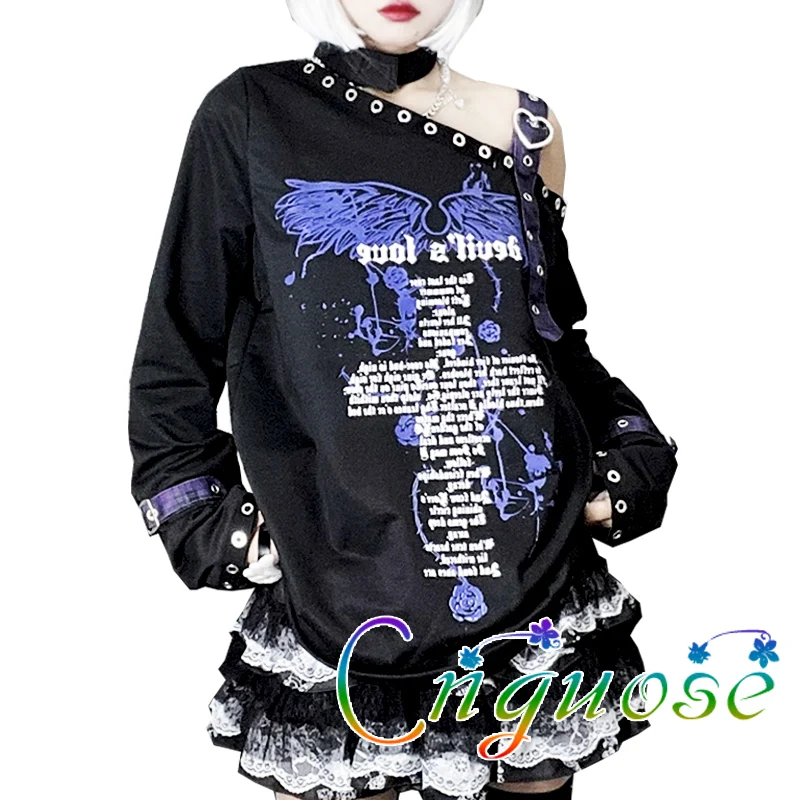 Asian Culture Punk Strap Shoulder Y2K streetwear Japanese Cute Cartoon Pattern Long sleeved T-shirt Top  Spring Summer 2024