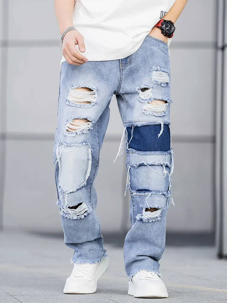 

TPJB Men Patched Up Torn Jeans Men Loose-fitting Trendy PANTS Blue Slacks Stretch Jeans Men's Fashion New Trend PANTS