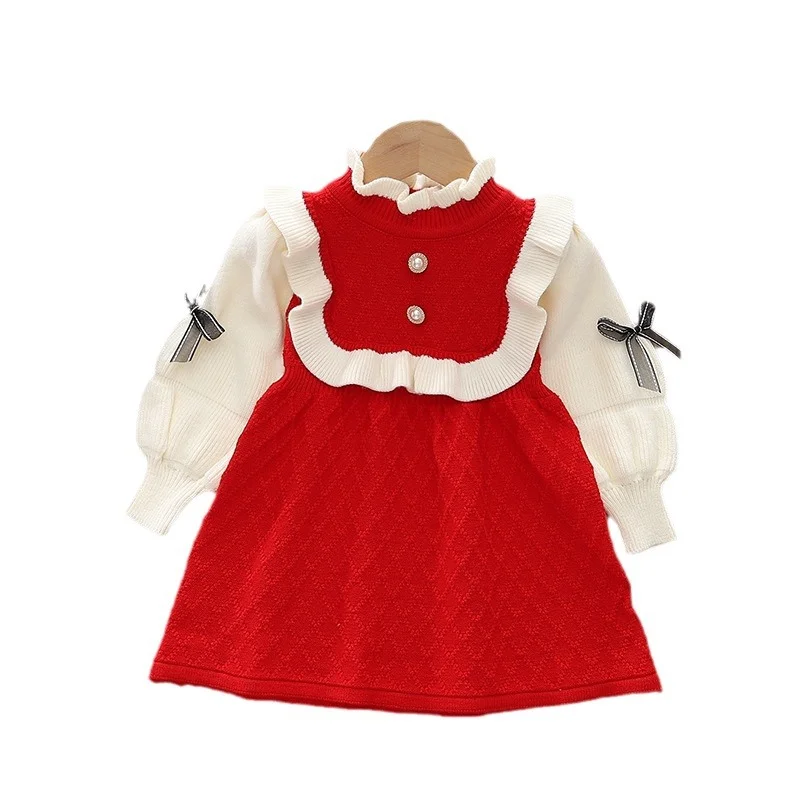 Girl's Knitted Dress Autumn and Winter Fashionable Skirt Red New Year Clothes Princess Dress Baby Girl One Year Old Christmas Ch