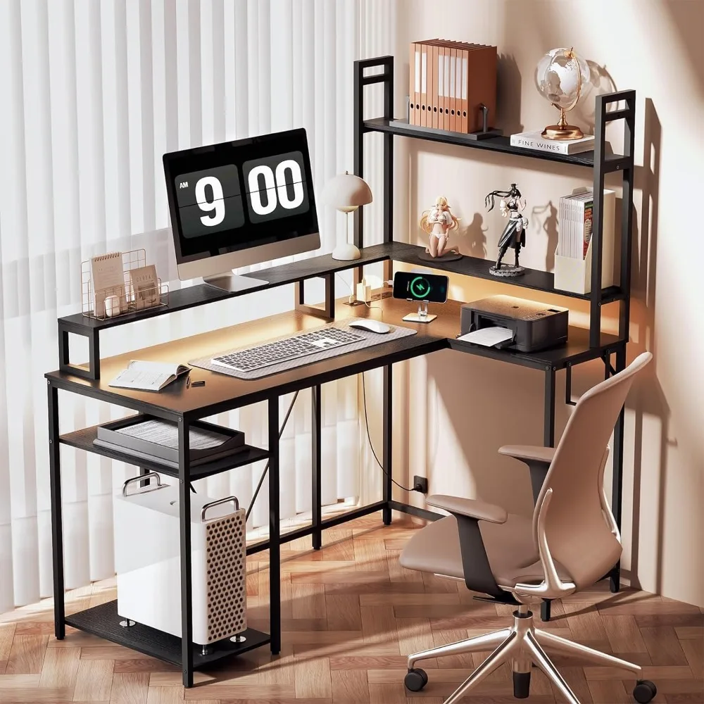 Computador Gaming Desk com luzes LED e Tomadas, Home Office Console Desk