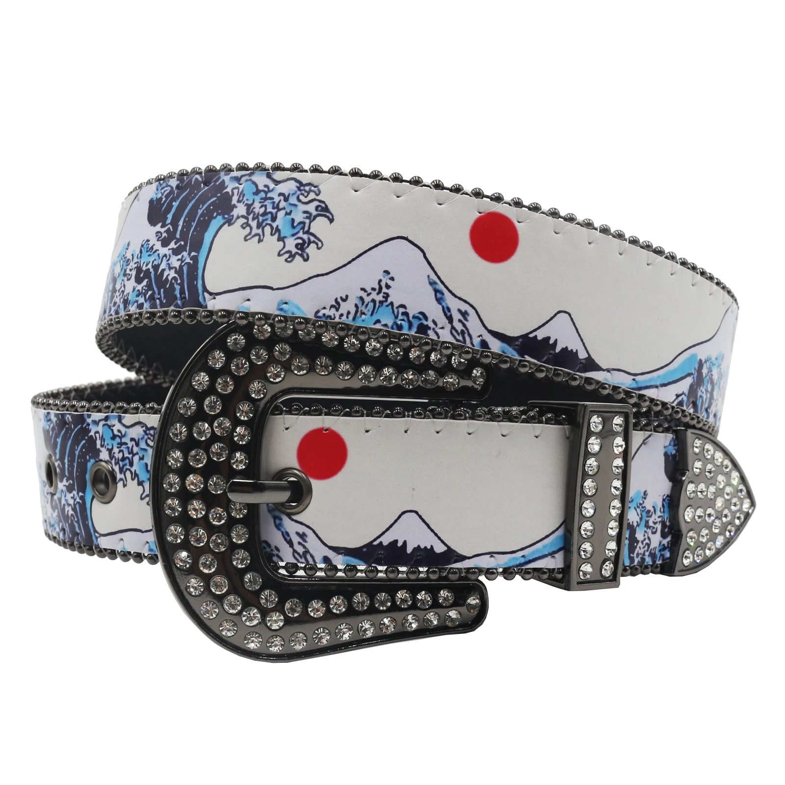 Hokusai Waves Mount Fuji Japanese Waves Print Belt Punk Rhinestone Pin Buckle Waistband Female Male Western Jeans Y2K Belt