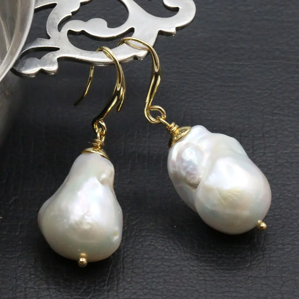 GuaiGuai Jewelry Cultured White Baroque Pearl Dangle Earrings Real Keshi Pearl Hook Earrings For Lady